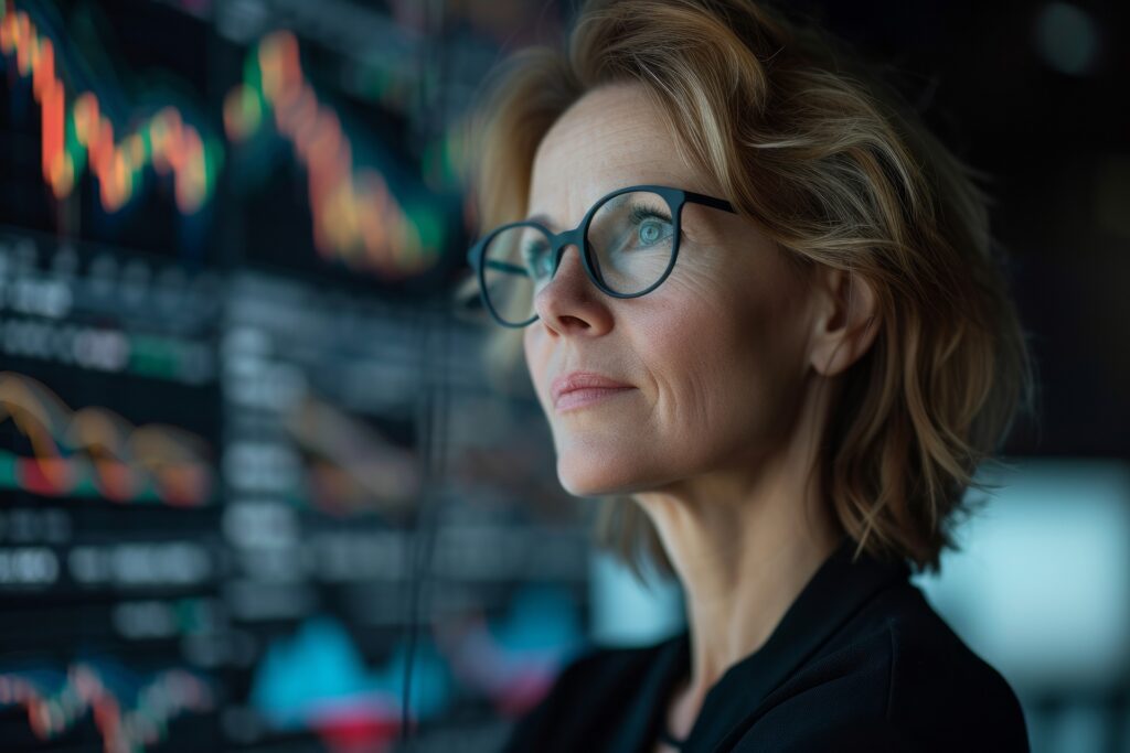 a woman looking away from the camera at digital graphs and data on screens